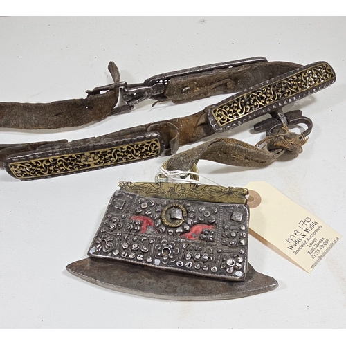 381 - A scarce Tibetan leather belt and chukmuk with metal mounts, probably 18th century, the belt with 5 ... 