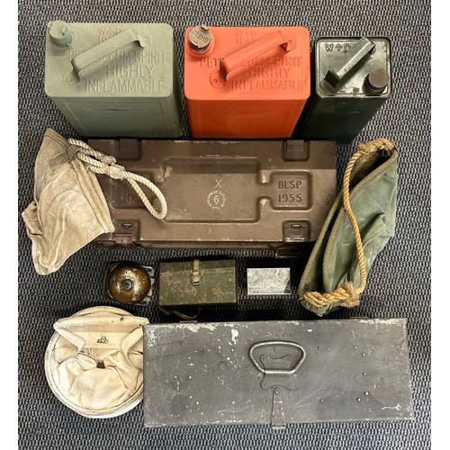 490 - 2xWD petrol cans dated 1953/1942, good condition.3x webbing water carriers1x military vehicle oiler2... 