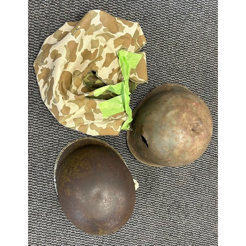 403 - 2x swivel Bale U.S.A style helmets.Battle damage to one1x helmet cover