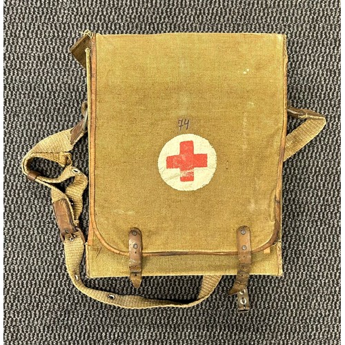 502 - WW1 Bulgarian army medical Tornister Pack Red Cross to the front filled with post war bandages.