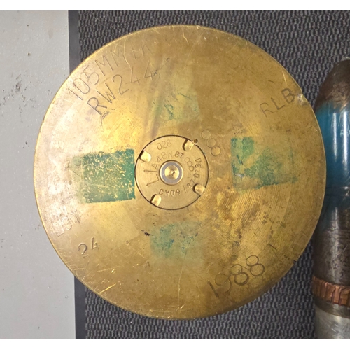 365 - 2x British inert 105mm rounds.one brass shell case marked 1988 105mm RW244.