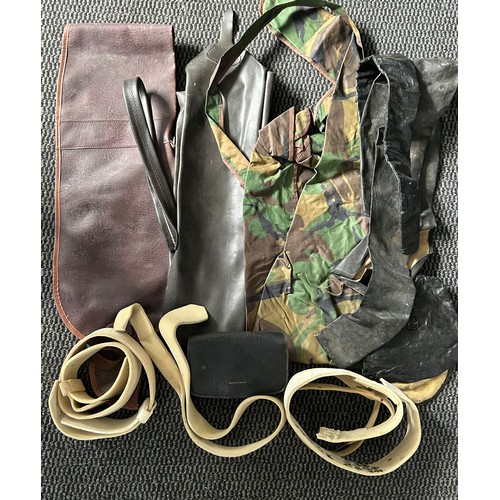 389 - A quantity of military equipment including buff belt leathers, 2 socket bayonet scabbards, white pat... 
