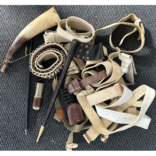 389 - A quantity of military equipment including buff belt leathers, 2 socket bayonet scabbards, white pat... 