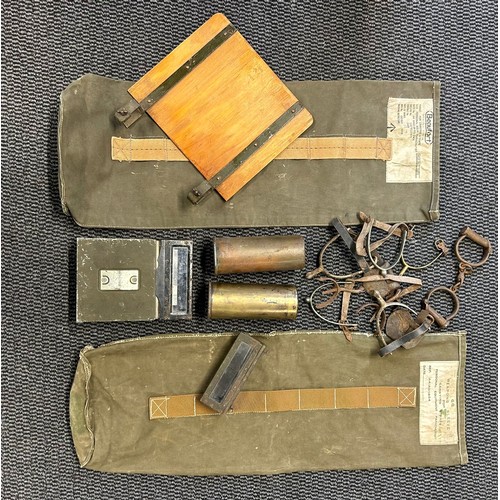 390 - A WW1 weather? balloon ,2 parachutists weapons & equipment carriers, 2 brass shell cases, 3 pair... 