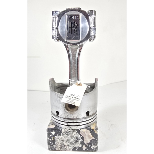369 - An interesting desk ornament/paper weight made from a Rolls Royce piston and connecting rod, approx.... 
