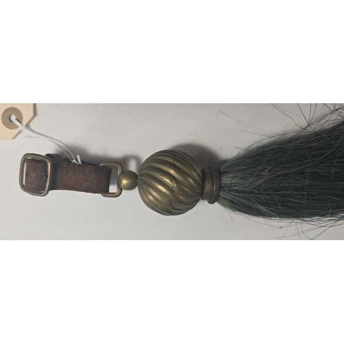 488 - A Cavalry horse hair Throat Plume, green over burgundy, with spiral, spherical brass mount and buckl... 