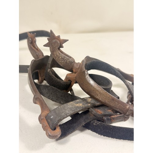 747 - A pair of possibly 17th Century iron cavalry spurs complete with buckled leather straps, GC
