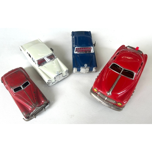48 - 4 tinplate vehicles. 2x Japanese Ichimura Mercedes-Benz 250SE sedans, one in cream and one in dark b... 