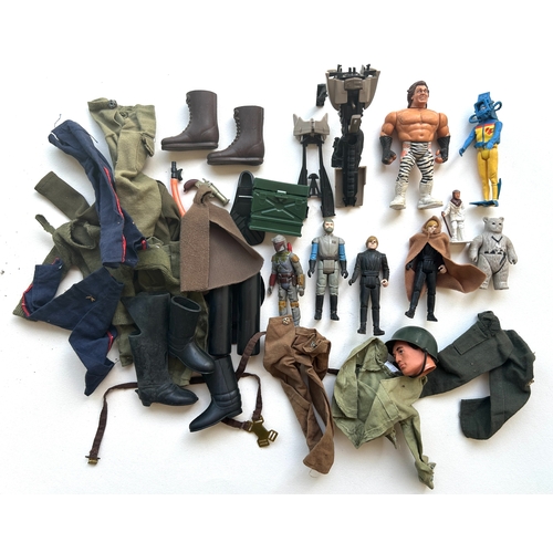 45 - A quantity of various toys, including PALITOY Action Man clothing and accessories, action figures in... 
