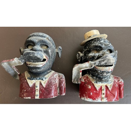 5 - 2 reproduction North American cast aluminium Money Banks. One with a hat, both with swinging arm act... 