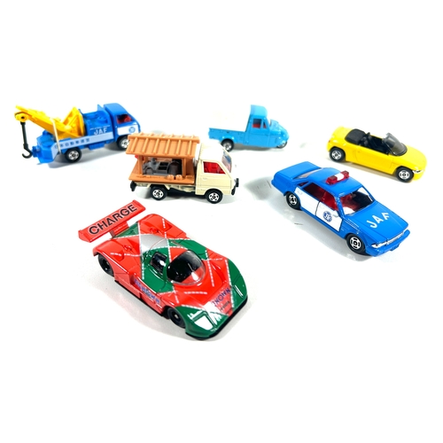 38 - 6 various scale Tomica. No.34 Mazda 787B. No.45 Suzuki Carry Chinese Noodle Vendor. No.62 Daihatsu M... 