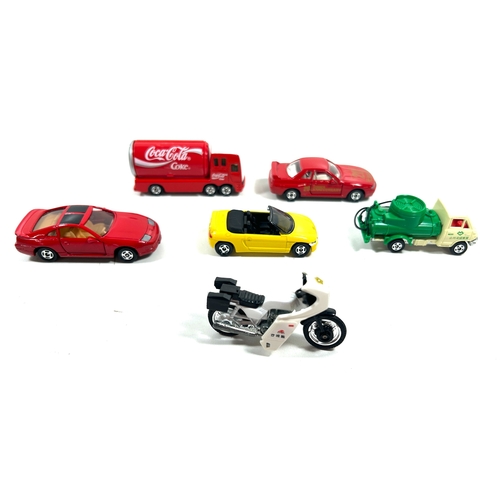 40 - 6 various scale Tomica. No.4 Honda POLICE Bike. No.15 Nissan Fairlady Z 300ZX. No.18 Toyota Dyna Vac... 