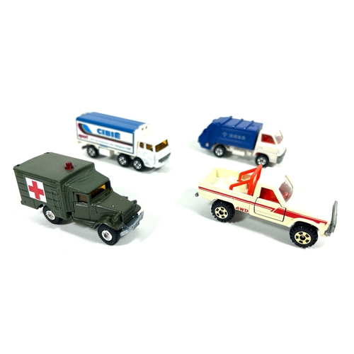 42 - 4 various scale Tomica. No.47 Mitsubishi Canter Refuse Truck. No.61 Toyota Hi Lux 4WD. No.67 Toyota ... 