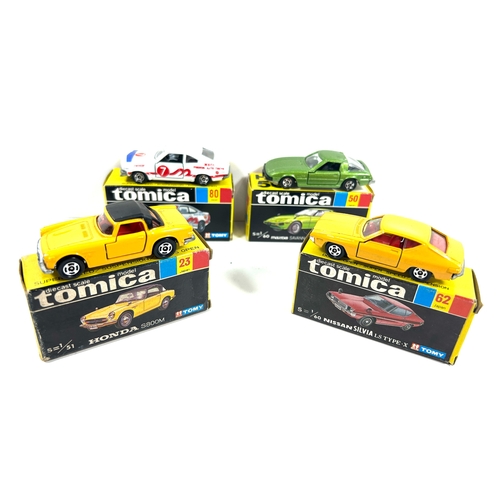 45 - 4 various scale Tomica. No.23 Honda S800M. No.50 Mazda Savanna RX-7 Limited. No.62 Nissan Silvia LS ... 