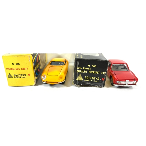 22 - 2 Italian Politoys -M series. Alfa Romeo Giulia Sprint GT (500). In red, with light grey interior. P... 