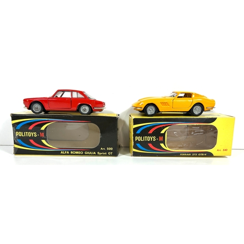 22 - 2 Italian Politoys -M series. Alfa Romeo Giulia Sprint GT (500). In red, with light grey interior. P... 