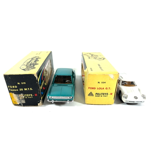 49 - 2 Italian Politoys -M series. Ford Taunus 20 M.T.S. (519) in metallic green with brown interior. Plu... 