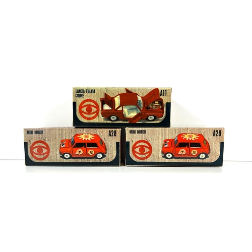 51 - 3 Italian Automodelli Mebetoys. A Lancia Fulvia Coupe (A11) in yellow. Plus 2 Mini Minor (A20), in m... 