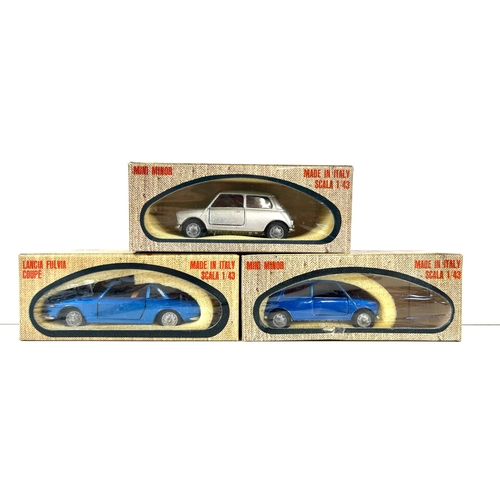 52 - 3 Italian Automodelli Mebetoys. A Lancia Fulvia Coupe (A11) in metallic blue. Plus 2 Mini Minor (A20... 