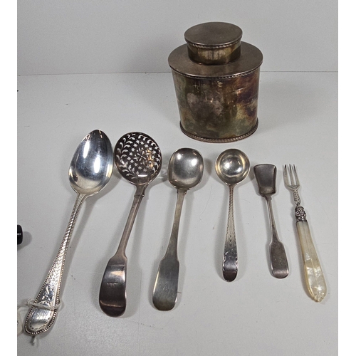346 - A small quantity of silver items including sugar sifter HM London 1834; a finely engraved silver HM ... 