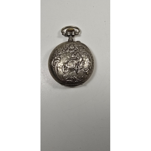 310 - A Swiss lever pocket watch in silver-coloured metal case, enamel dial with second hand, back of case... 