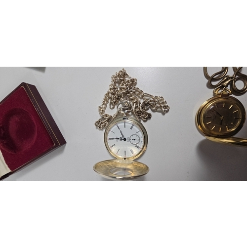 311 - A modern Swiss battery powered Rotary brand half hunter pocket watch, marked 925, complete with fob ... 