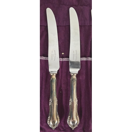 31 - Six silver handled Louis XVI pattern dessert knives, Sheffield 1978 by R.W.B. Retailed by Harrods of... 
