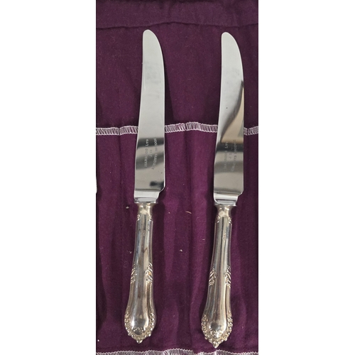 31 - Six silver handled Louis XVI pattern dessert knives, Sheffield 1978 by R.W.B. Retailed by Harrods of... 