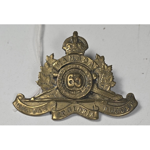 43 - WWI CEF 63rd Overseas Field Battery Canadian Artillery brass cap badge, with two original brass lugs... 