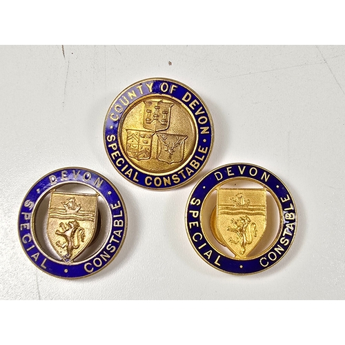 59 - 3 Gilded brass and blue enamel Devon Special Constabulary Mufti badges by Gaunt.