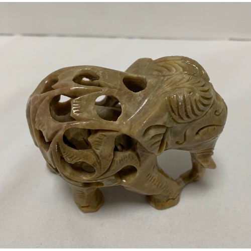 32 - Carved Soapstone Elephant, Glass Scroll Paperweight on Clear Glass Base & Buckingham Palace Patch Po... 