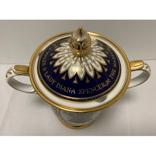 31 - A BOXED LIMITED EDITION ROYAL CROWN DERBY COVERED TWIN HANDLED VASE/LOVING CUP, to celebrate 'The Ma... 