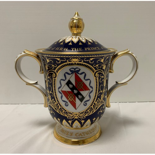 31 - A BOXED LIMITED EDITION ROYAL CROWN DERBY COVERED TWIN HANDLED VASE/LOVING CUP, to celebrate 'The Ma... 