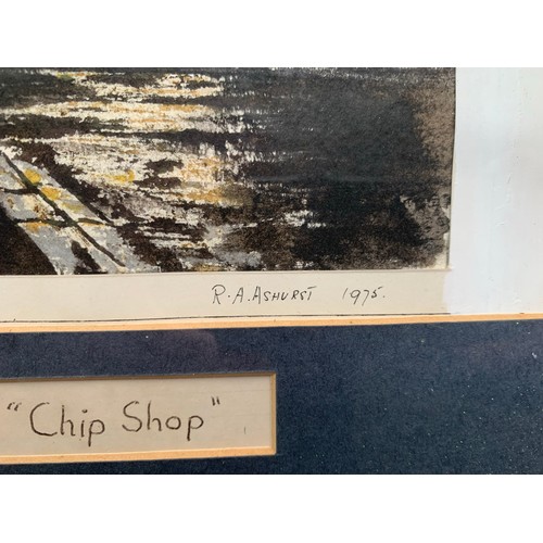 18 - Lancashire Village Chip shop by R A Ashurst 
Mounted & Framed, Dated 1975
Watercolour
33cm x 41cm In... 