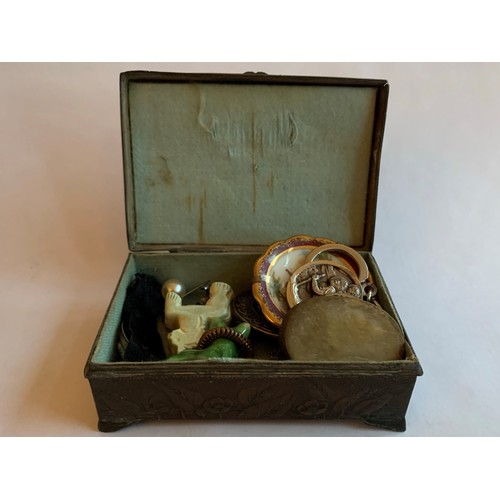 64 - A Wooden Jewellery Box containing a quantity of Dress Jewellery.  
To include Seven Lady's watches, ... 