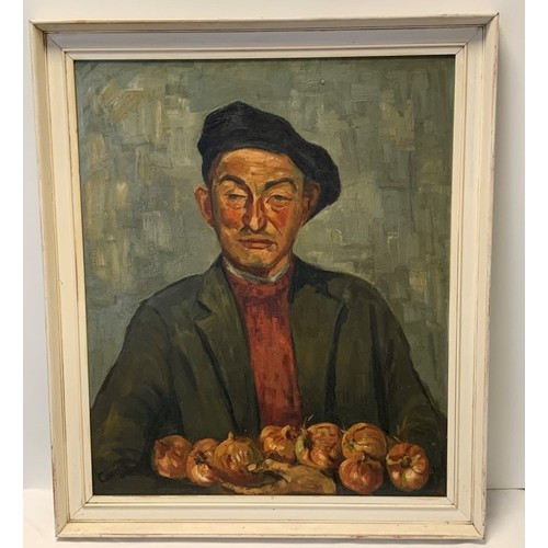 15 - Oil On Board Of A Man in a Beret holding Onions  by Clodagh Gravos, 1969 signed bottom left corner w... 