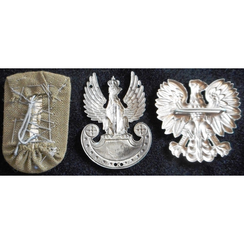 136 - Poland (3) WW II cap badges. Polish Army officer’s bullion cloth badge, Polish Army stitch-on badge,... 