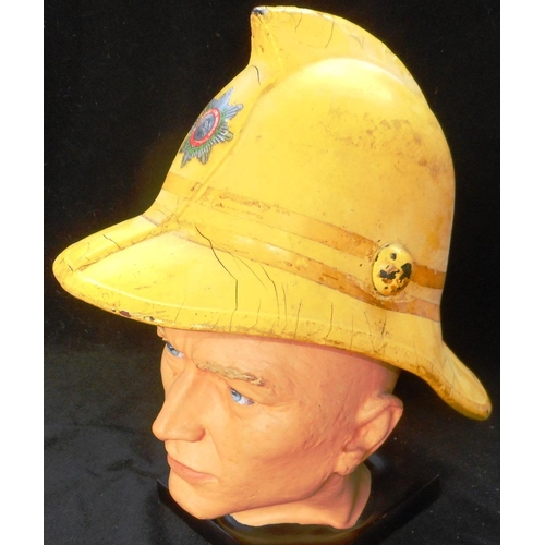 183 - Fire helmet. Leather Hendry. In yellow, 1st pattern Merseyside F.B. badge. Remains of Sub. O’s marki... 