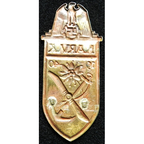 205 - WW II Narvik shield. Kriegsmarine type. Prongs removed, no backing. Sold as seen.