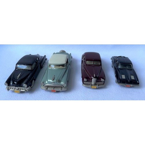 115 - Four White Metal Brooklin Models. A 1941 Packard Clipper - dark red (BRK. 18), A 1963 Chevrolet Cove... 