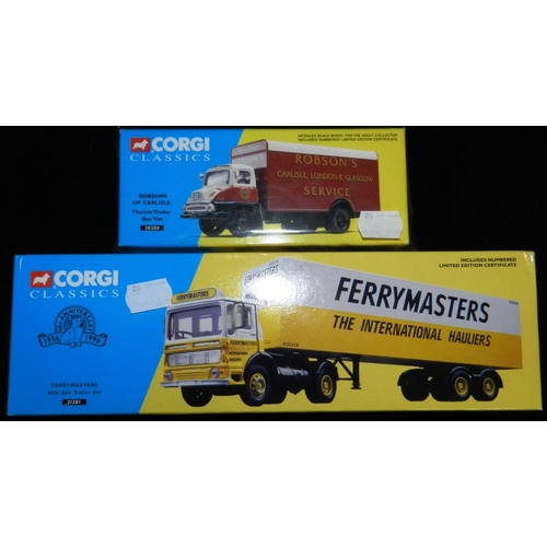 20 - Corgi Classics. (2) 21301AEC box trailer set – FERRYMASTERS.; 30304 Thames Trader box van – ROBSON’S... 