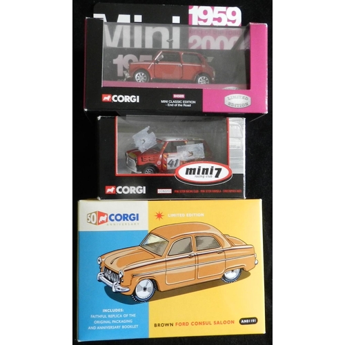 26 - Corgi. (3) 50th Anniversary Lim. Ed. AN01101 Brown Ford Consul saloon.; 04509 Mini Classic Edition –... 