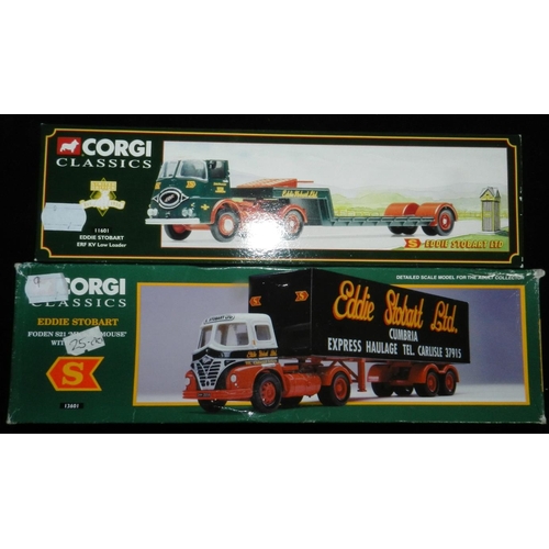 9 - Corgi. Eddie Stobart. (2)  11601 ERF low loader. ; 13601 Foden S21 ‘Mickey Mouse’ with trailer. Both... 