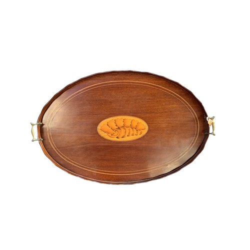 165 - Mahogany Oval Tray with Side Handles and Gallery Inlaid Shell Paterae