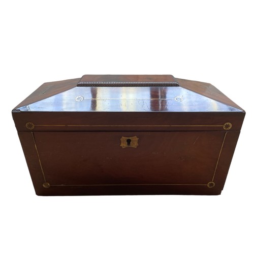 166 - A Swing Vanity Mirror Unit in mahogany with 3 drawers and bun feet & A Tea Caddy of Sarcophagus form... 