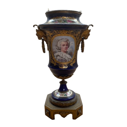 86 - A Colbolt Blue Urn Form Vase with Gilt Portrait decoration, A Blue & Gilt Table Oil Lamp with shade ... 