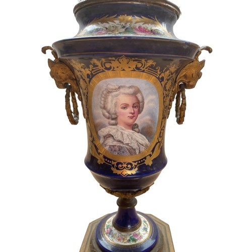 86 - A Colbolt Blue Urn Form Vase with Gilt Portrait decoration, A Blue & Gilt Table Oil Lamp with shade ... 