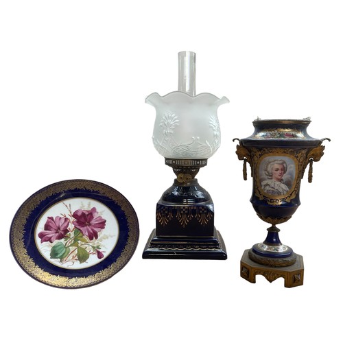 86 - A Colbolt Blue Urn Form Vase with Gilt Portrait decoration, A Blue & Gilt Table Oil Lamp with shade ... 