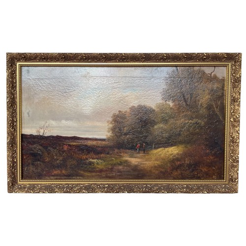 180 - Framed Oil on Canvas Painting Depicting a Woodland Scene, wooded path and figures 
Signed indistinct... 