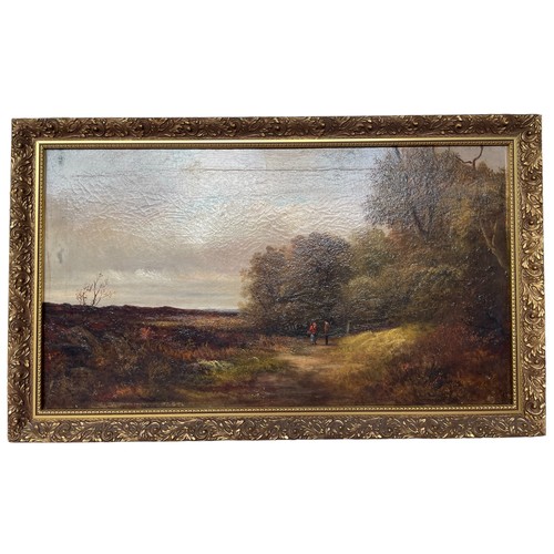 180 - Framed Oil on Canvas Painting Depicting a Woodland Scene, wooded path and figures 
Signed indistinct... 